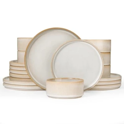 Image of Richmount Star Plates and Bowls Set, 18 Pieces Dinner Sets for 6 People, Stoneware Dinnerware with Plates/Salad Plates/Cereal Bowls, Dishwasher &amp; Microwave Safe, CappuccinoWhite