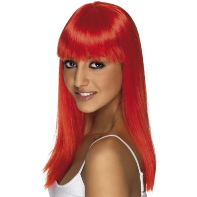 Image of Smiffys Glamourama Wig, Neon Red Long, Straight with Fringe, Ladies Glamour Wigs Fancy Dress, Adult Dress Up