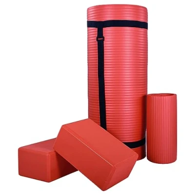 Image of BalanceFrom All Purpose 71&quot; x 24&quot; 1 Inch Extra Thick High Density Anti Tear Exercise Yoga Mat, Knee Pad with Carrying Strap &amp; 2 Blocks, Red