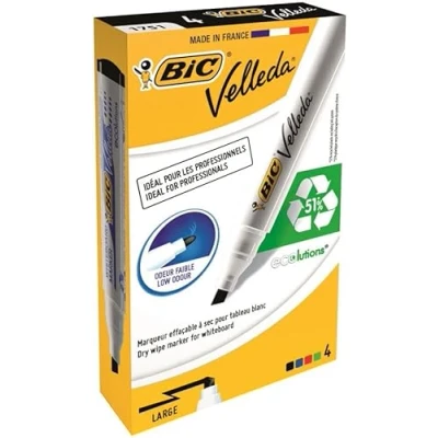 Image of Bic Velleda Marker W/bd Dry Wipe 1751 Large Chisel Tip 3.7 5.5mm Line Width Assorted Ref 904950 [Pack 4]+ Free Finchley Refill Pen