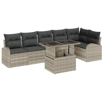 Image of vidaXL 7 Piece Garden Sofa Set with Cushions Light Grey Poly Rattan