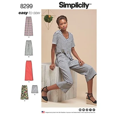 Image of Simplicity Pattern 8299 H5 (6 8 10 12 14) Misses&#039; Skirts or Trousers in Various Lengths, Paper, White, 22 x 15 1 cm