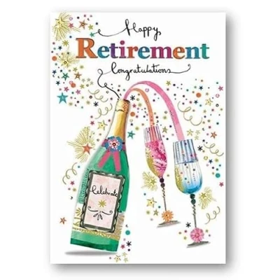 Image of Paper Rose Male/Female Retirement Congratulations Card Champagne Bottle &amp; Glasses with Embossed Gold Foil Eco Friendly Recyclable Made in the UK
