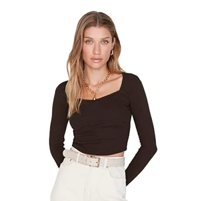Image of Trendyol Women Slim fit Basic Square Collar Knitted Blouse Brown