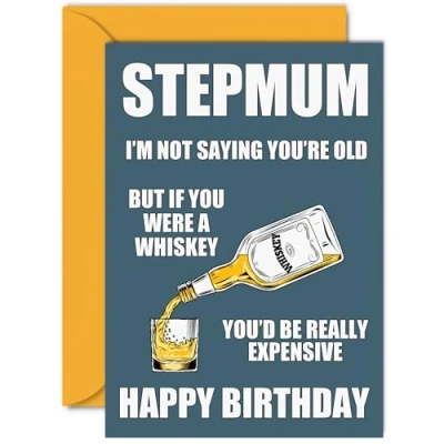 Image of Funny Birthday Cards for Step Mum Aged Whiskey Whisky Joke Rude Card from Son Daughter, Humour 40th 50th 60th 70th 80th Bday A5 Mummy Mama Greeting
