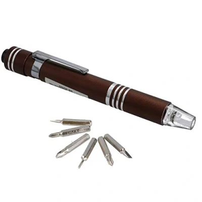 Image of 6 in 1 LED Precision Screwdriver Magnetic Pocket Pen Slotted Phillips Brown