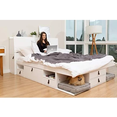 Image of Memomad Set Bali White: Storage bed Super King 6FT (180x200 cm) + headboard 205 Slatted Frame. Sturdy double frame and with drawers, ideal for small bedrooms Pine MDF lacquered
