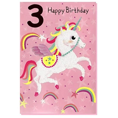 Image of Age 3 Birthday Card Girl Unicorn 7.5&quot; x 5.25&quot; SIMON ELVIN 27627