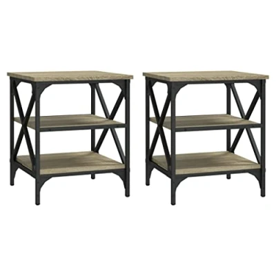 Image of vidaXL Side Tables Set, 2 pcs Industrial Style, Sonoma Oak Finish, Engineered Wood and Steel, 40x42x50 cm, Storage Function, Adjustable Legs