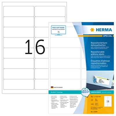 Image of HERMA Self Adhesive Removable Labels, 16 Labels per A4 Sheet, 100 Sheets, 99.1 x 33.8 mm, 1600 Blank Multipurpose Stickers, Sticky for Laser &amp; Inkjet Printer, White