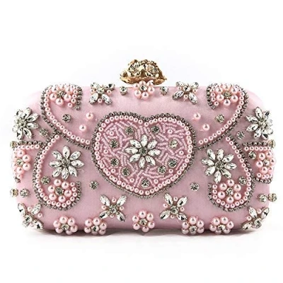 Image of SCOFY FASHION Vintage Floral Beaded Clutch Bag Ladies Sparkly Purse Prom Wedding Pearl Evening Bridal for Women Party Handbag (Pink)