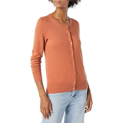 Image of Amazon Essentials Women&#039;s Lightweight Crewneck Cardigan Jumper (Available in Plus Size), Caramel, S