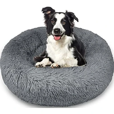 Image of Enjamoy Plush Donut Dog Bed, Calming Round Cat Bed Soft and Fluffy Cuddler Pet Cushion Self Warming Puppy Beds Machine Washable, Dark Grey 80cm
