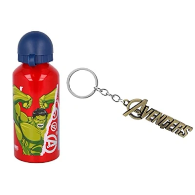 Image of Avengers Aluminium Sports Bottle 400ml Holiday, Back to School Water Drinking Kids Lunch Children Includes Keyring