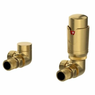 Image of DuraTherm® Thermostatic Radiator Valve Pack Set, 15mm Lockshield TRV &amp; Thermostat, Brushed Brass Valves for Radiators, Corner