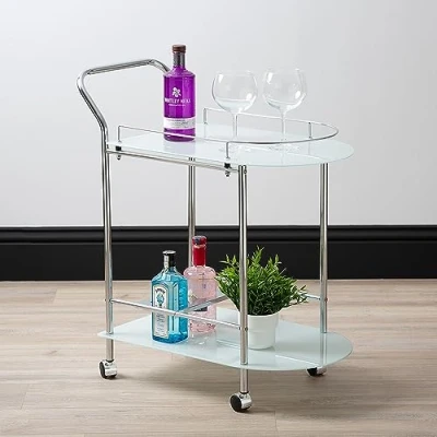 Image of 2 Tier Bar Cart with Wheels, Chrome Drinks Trolley Metal Frame and White Glass Top, Home Serving Wine Rack for Kitchen &amp; Living Room