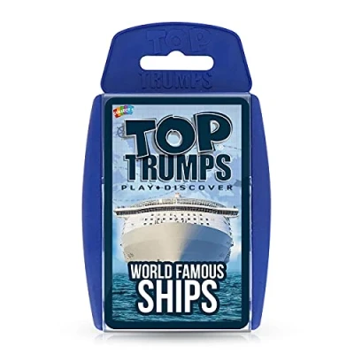 Image of Top Trumps World Famous ships Classic Card Game, learn facts about tankers, yachts and cruise including Allure of the Seas, Titanic Brittania, gifts toys for boys girls aged 6 plus