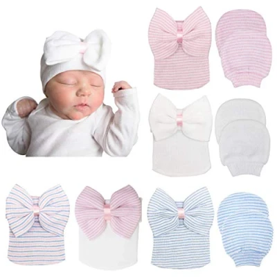 Image of DRESHOW Newborn Baby Hat and Mittens, 5 Hats 3 Pairs Mittens for Babies, Boys, Girls,Ages 0 Months
