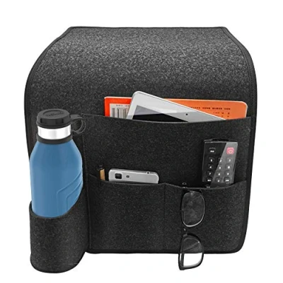 Image of Tyuodna Hanging Bedside Storage Bag, Sofa Organiser Caddy Felt Organizer Bag Anti Slip with Water Bottle Holder, for Home Bed Rails, Sofa, Bunk Beds (Black)
