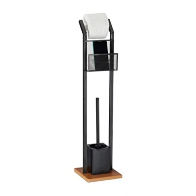 Image of Relaxdays Accessory Set with Tray, Paper, Toilet Brush Holder, Square Base, Wooden Look, H 78 cm, Black, x 18.5 cm