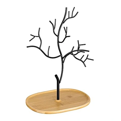 Image of Navaris Metal Jewellery Tree Stand Organiser Hanger Display Holder with Wooden Dish Base to Store Necklaces, Bracelets, Rings, Accessories Large
