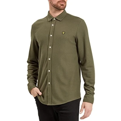 Image of Lyle &amp; Scott Casual Long Sleeve Cotton Honeycomb Jersey Shirt Olive Small