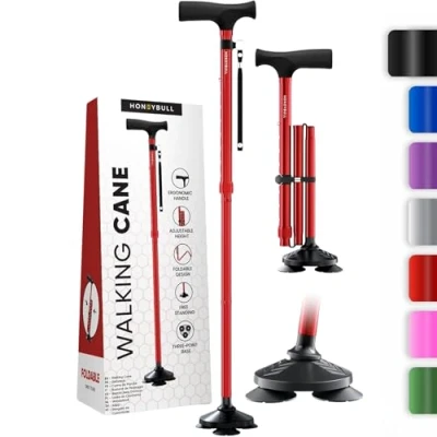Image of HONEYBULL Walking Stick for Men &amp; Women Foldable, Adjustable, Collapsible, Free Standing Cane, Pivot Tip, Heavy Duty, with Travel Bag Folding Canes Seniors Adults (Red)