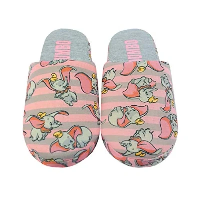 Image of Disney Dumbo Slippers For Women Ladies Grey &amp; Pink Polyester Slip On House Shoes With Grip Sole Adults Gifts 5 6 UK