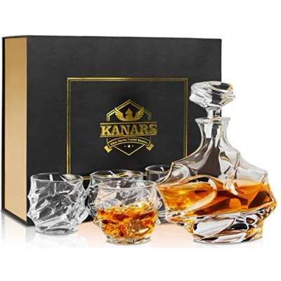 Image of KANARS Whisky Decanter and Glasses Set, Premium No Lead Crystal Whiskey 750 ml with 4x 320 Tasting Tumblers for Liquor or Scotch, Unique Stylish Gift Wedding Anniversary, 5 Piece