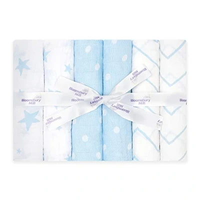 Image of Bloomsbury Mill Muslin Cloths For Baby Soft 100% Organic Cotton Squares Muslins Pack of 6 Large Burp Essentials Newborn Blue &amp; White 70x70cm