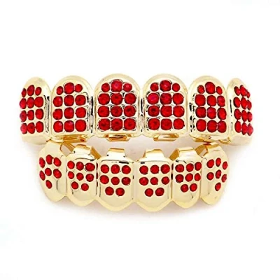 Image of Sadiyamo Diamond Grills Shiny Hip Hop Teeth Grillz Caps Iced Out CZ Top and Bottom Vampire Fangs for Men Women
