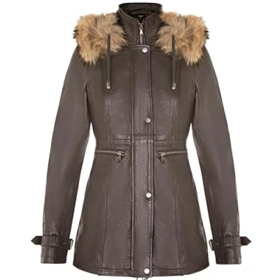 Image of Women&#039;s Brown Warm Leather Jacket Detachable Hooded Parker Trench Coat S