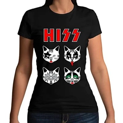 Image of Womens Hiss Kiss Cats Kittens Rock Funny Parody T Shirt Black UK 8 10 (M)