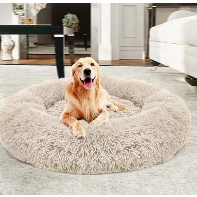 Image of Yuly Warm Extra Large Donut Dog Beds, Calming Bed for Dog, Faux Fur Washable Pet Bed, Self Warming Round Plush Beds Medium (100cm Beige)