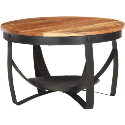 Image of vidaXL Solid Acacia Wood Coffee Table with Iron Base, Industrial Style Round End for Living Room, Distinctive Grains.
