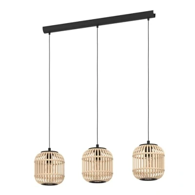 Image of EGLO Bordesley Pendant Light, 3 Bulb Vintage, Natural, Boho, Hygge, Light Made of Steel in Black and Wood Natural Colours, Dining Table Lamp, Living Room Lamp Hanging with E27 Socket