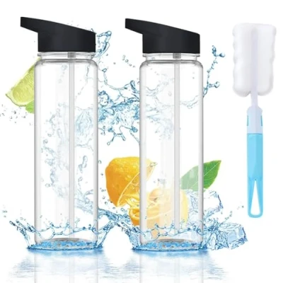Image of WUERKIYA 2Pcs Leak Proof Sports Water Bottles 750ml Clear Plastic with Filter Flip Top Lid Bottle BPA Free Gym 700ML for Outdoor Cycling Yoga Office