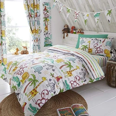 Image of Kids Boys Girls Jungle Safari Animals Lion King Teal Reversible Toddler Cot Bed Bedding Duvet Cover Set