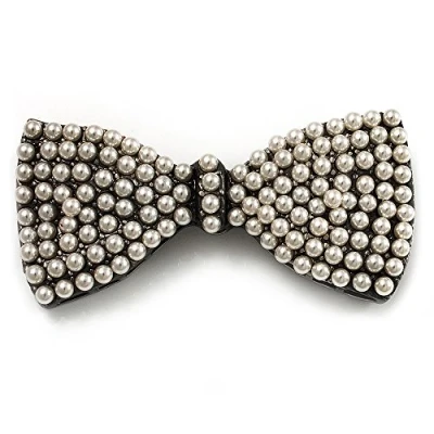 Image of Avalaya Vintage Imitation Pearl Bow Brooch (Gun Metal)