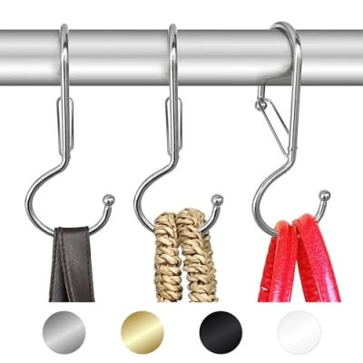 Image of Blau Marité 6 Purse Hanger for Closet. Tote Hanger. S Shaped Hooks Twist Design. Anti Drop Hook hanging handbags with Safety Buckle to Prevent Falls. Heavy Duty. (Silver, Twisted)