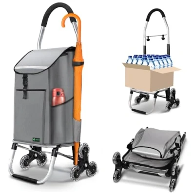 Image of VOUNOT Folding Shopping Trolley on 6 Wheels, Aluminium Lightweight Cart with Insulated Cooling Bag, 2 Hooks, Side Pockets, Stair Climbing Grocery Trolley, 45L Grey