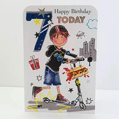 Image of Jonny Javelin Boy Age 7 Happy Birthday Card On Scooter