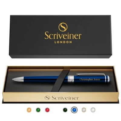 Image of Scriveiner Ballpoint Pen London Stunning with 24K Gold Finish, Schmidt Black Refill, Best Ball Gift Set for Men &amp; Women (Midnight Blue Chrome (Personalised))
