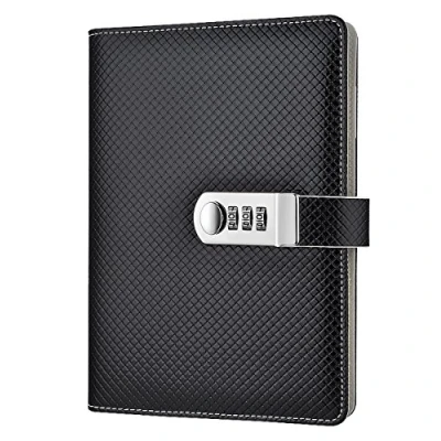 Image of PU Leather Password Notebook Writing Journal Diary Planner Organizer with Combination Lock, Knitting Style A5 Size(210x145mm) Wire Binding Lined Notepad Coded Pen Holder