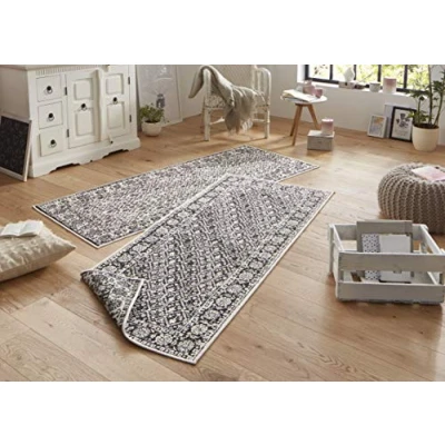 Image of NORTHRUGS Outdoor Rug, Curacao Reversible Rug Weatherproof, Modern Graphic Pattern Runner for Balcony, Patio, Garden, Conservatory, Living Room Waterproof, Polypropylene, Black Cream, 80 x 350 cm