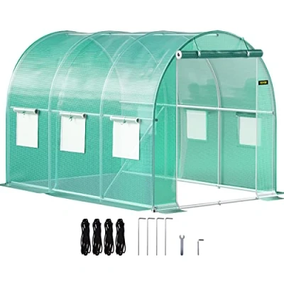 Image of VEVOR Walk in Tunnel Greenhouse, 10 x 7 ft Portable Plant Hot House w/ Galvanized Steel Hoops, 1 Top Beam, Diagonal Poles, Zippered Door &amp; 6 Roll up Windows, Green