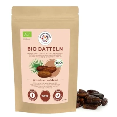 Image of Organic Dates Pitted 1kg by Munchilycious, Dates, Whole and Unsweetened Dried Fruit Snacks, Perfect Topping for Muesli, Cereal or Breakfast Porridge