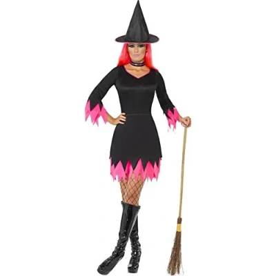 Image of Smiffys Witch Costume, Black &amp; Pink with Dress, Hat Choker, Halloween Adult Fancy Dress Up Costumes