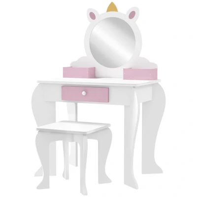 Image of ZONEKIZ Kids Dressing Table Vanity Girls with Mirror and Stool, Drawer, Storage Boxes, Unicorn Design, for Toddles Ages 3 6 Years White Pink