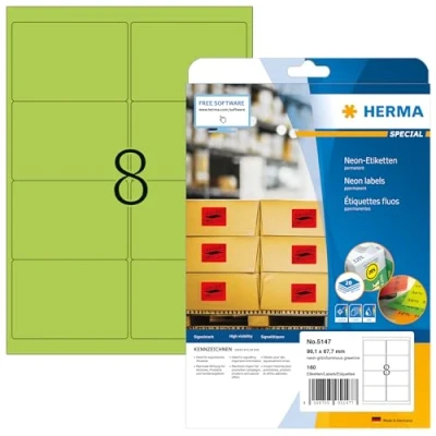 Image of HERMA Self Adhesive Coloured Labels, 8 Labels per A4 Sheet, 20 Sheets, 99.1 x 67.7 mm, 160 Blank Colour Stickers, Sticky for Laser &amp; Inkjet Printer, Neon Green